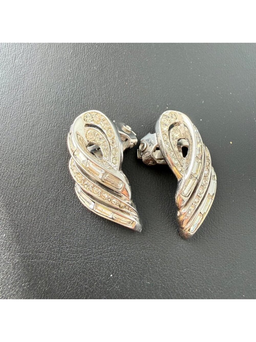 Vintage Marcel Boucher Earrings Wing Ribbon Swirl Rhinestone Clip On Silver Tone